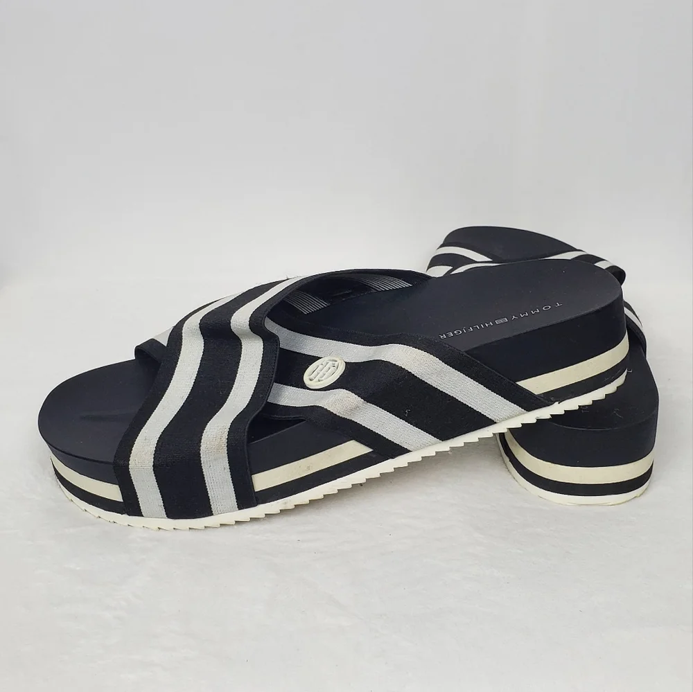 Tommy Hilfiger Black and White Striped Sandals 7.5